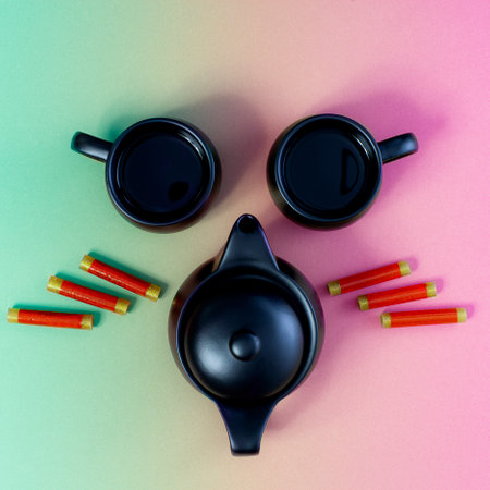 Chinese New Year tiger face Neon colours composition with teapot, teacups, and firecrackers.の写真素材