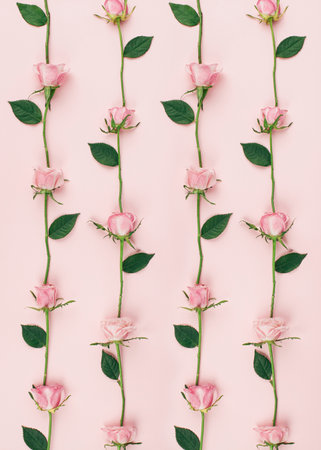Pink roses in row pattern with small flowers and green leaves. Simple flat lay repetition on soft light.の写真素材