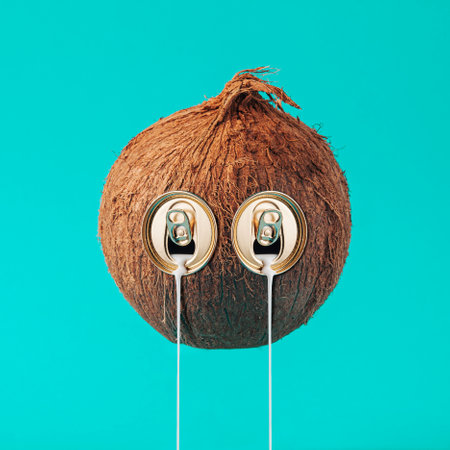 Coconut can spilling milk. Square and simple composition of a fruit on the pastel blue background.の写真素材