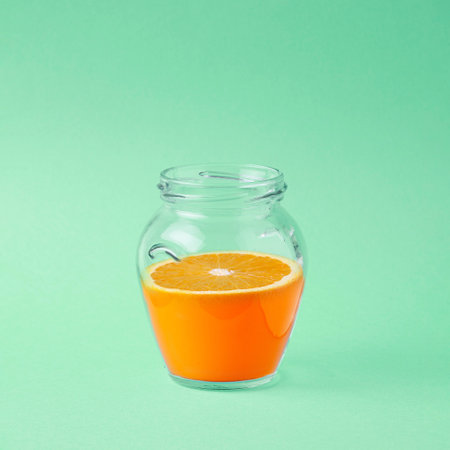 Orange jam. Glass jar with orange juice and slice. Simple sqaure composition on light pastel green background.の写真素材