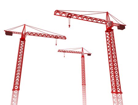 3D Render of three red cranes on white isolated backgroundの写真素材