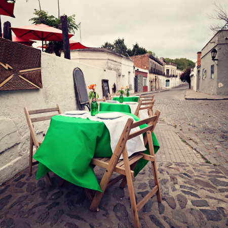 Outdoors restaurant table in springの写真素材