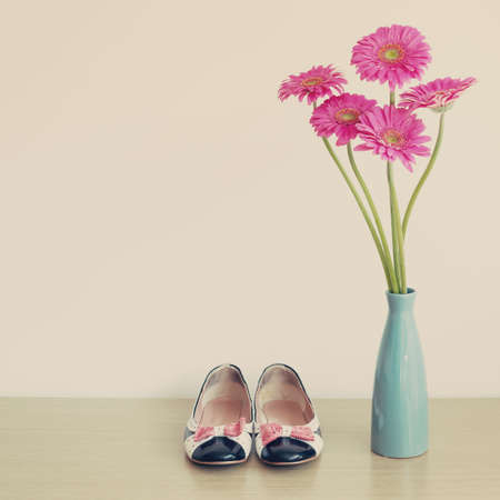 Vintage heel shoes with flowersの写真素材