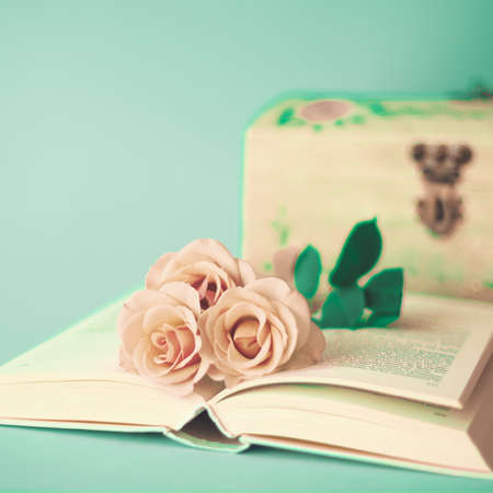 Roses over a vintage bookの写真素材