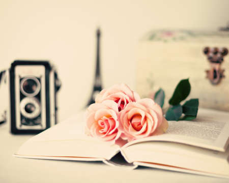 Roses over a vintage bookの写真素材
