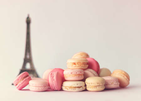 Stack of macaroons and eiffel towerの写真素材