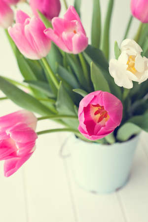Pink and white tulips in a vintage white tin bucketの写真素材