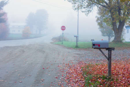 Mailbox and Autumn Foliage in the fogの写真素材
