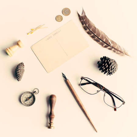 Vintage study items in a flat lay compositionの写真素材