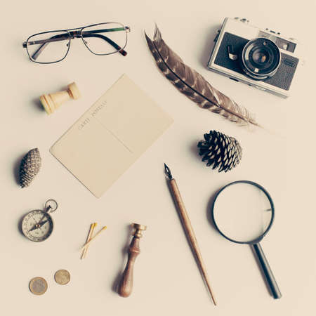 Vintage study items in a flat lay compositionの写真素材