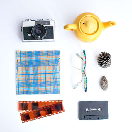 Vintage study items in a flat lay compositionの写真素材