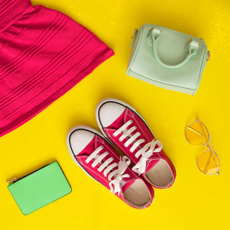 Vintage girly fashion items in a flat lay compositionの写真素材
