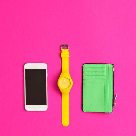 Vintage girly fashion items in a flat lay compositionの写真素材