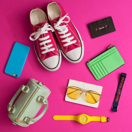 Vintage girly fashion items in a flat lay compositionの写真素材