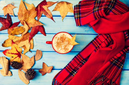Coffee cup, autumn leafs, pine cones and scarves over turquoise woodの写真素材