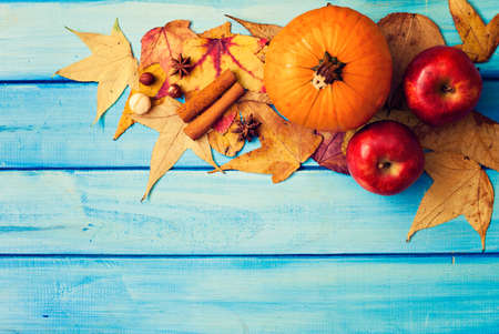 Apples, pumpkin, spices and autumn leafs over turquoise woodの写真素材