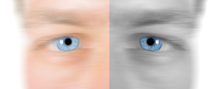 image showing sharp blue eye with softened skin to allow for copy space. Short DOFの写真素材