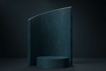 Modern dark blue podium for product showcase. Cylinder shapes pedestal. Blue background display. Empty stage. 3d render illustrationの写真素材