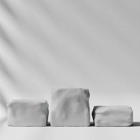 Minimalist white rock podium for product showcase background. Geometric shapes. Stone texture. Empty black background mock up stage. 3d render illustrationの写真素材