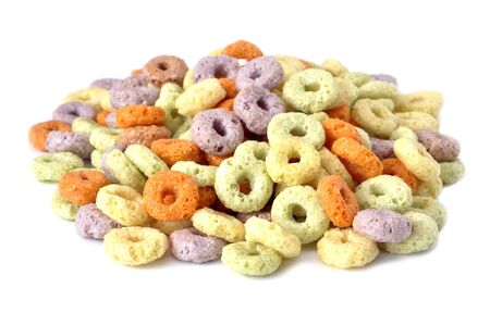 A pile of corn flakes isolated on whiteの写真素材