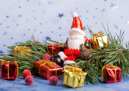 Christmas decoration  on blue backgroundの写真素材