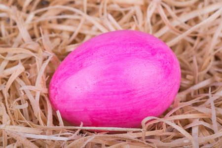 Colorful painted easter egg in wood shavingsの写真素材