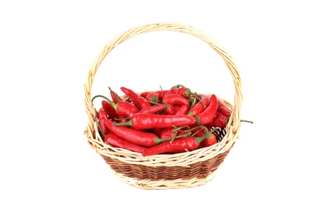 Red hot pepper in basket on white backgroundの写真素材