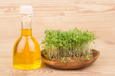 Fresh green watercress on a  wooden backgroundsの写真素材
