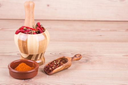 Assorted  spices in petri on wooden backgroundの写真素材