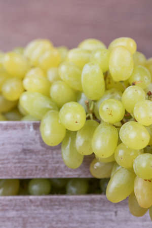 Green ripe grapes on a wooden backgroundの写真素材