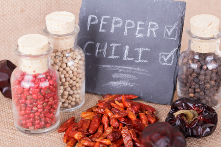 dry chili peppers on a burlap background