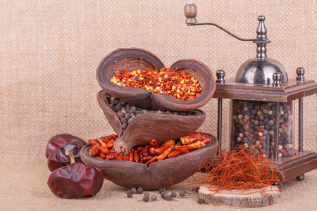 Different dry  spices on a   burlap backgroundの写真素材