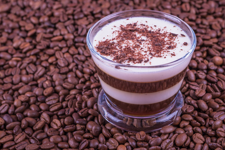 Coffee, milk choko pudding on wooden backgroundの写真素材