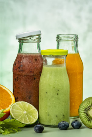 Green, orange and red smoothie in glass bottlesの写真素材