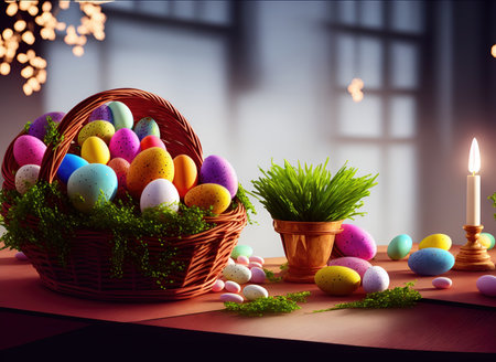 Festive Easter card with colorful Easter eggs and flowers in a basket on the table.Selective focus.の素材