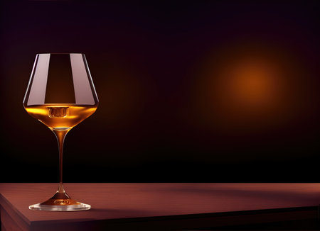 Glass with cognac on a wooden table on a dark background. Selective, soft focus.の素材