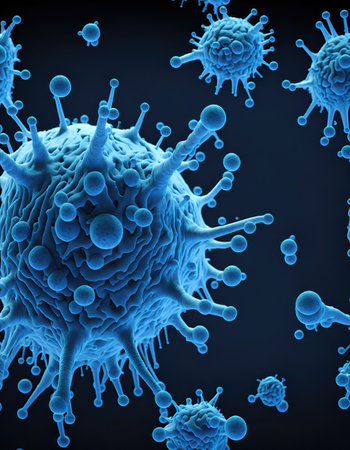 Background with viruses, microscopic view of floating virus cells, 3D rendering of a virus, organism illustration.の素材