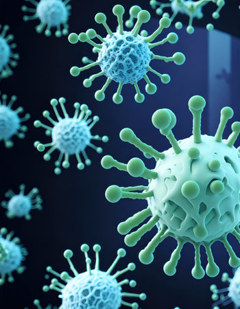 Background with viruses, microscopic view of floating virus cells, 3D rendering of a virus, organism illustration.の素材