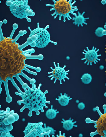 Background with viruses, microscopic view of floating virus cells, 3D rendering of a virus, organism illustration.の素材