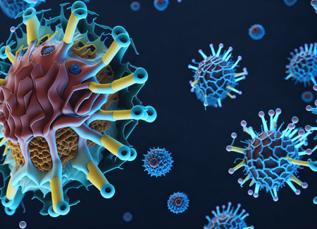 Background with viruses, microscopic view of floating virus cells, 3D rendering of a virus, organism illustration.の素材