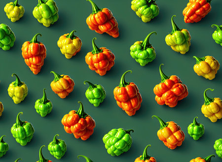 Colorful colored habanero peppers, freshly picked and ready to eat.の素材