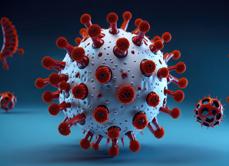 Background with viruses, microscopic view of floating virus cells, 3D rendering of a virus, organism illustration.の素材