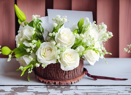 Bouquet of white flowers on wooden background.Generative Aiの素材