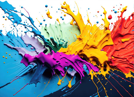 Fluid motion flow explosion .Curved wave colorful pattern with paint drops on white background. AIの素材