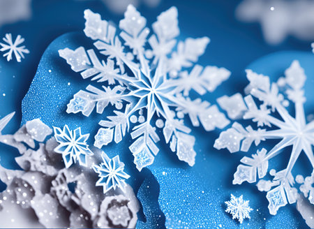 Abstract colorful large and small white snowflakes on a blue background. AIの素材