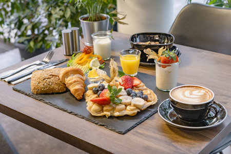 Healthy breakfast on the table with coffee, orange juice, fruits, waffles and croissants.の写真素材