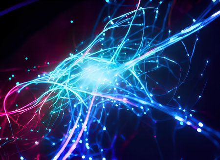 Glowing abstract futuristic colorful science and technology background. Selective, soft focus.の素材