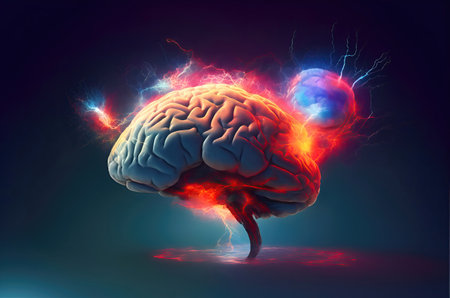 A brain that is exploding with ideas and colors on dark background. Selective soft focus.の写真素材