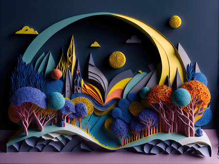 Abstract realistic papercut landscape decoration textured with cardboard wavy layers. Selective soft focus. AI.の写真素材