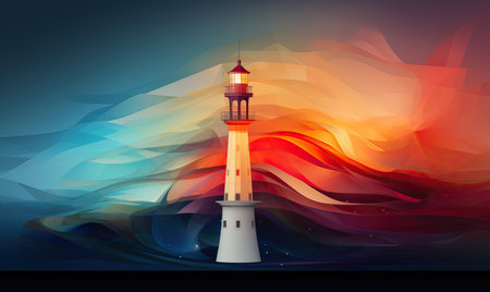 Abstract lighthouse in a colorful sea of colors. Selective soft focus.の素材